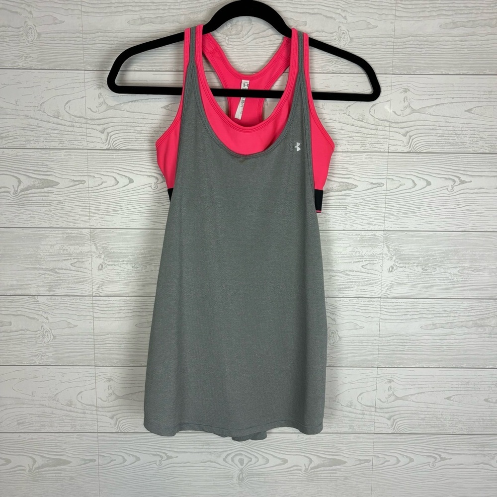 UNDER ARMOUR HEATGEAR LOOSE FIT GRAY PINK BRALETTE TANK TOP WORKOUT GYM SMALL